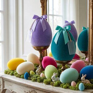 Flocked Hanging Egg Ornaments Set Assorted Easter & Spring Egg Décor (12” & 19”)